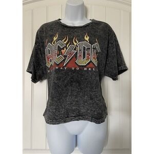 AC/DC Crop Top Shirt Womens Large Acid Bleach Wash Metallic Studs Flames Shirt